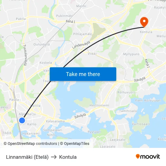 Linnanmaki (South) to Kontula map