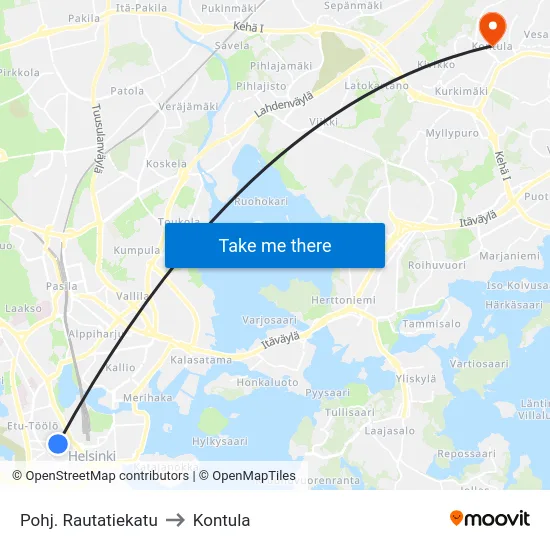 Pohj. Rautatiekatu to Kontula map