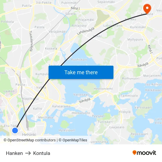 Hanken to Kontula map
