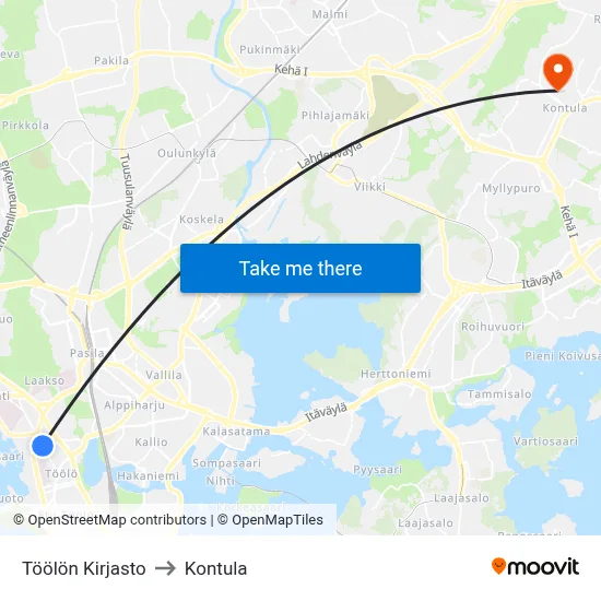 Töölö Library to Kontula map