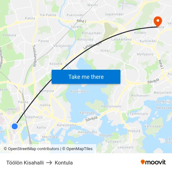 Töölön Kisahalli to Kontula map