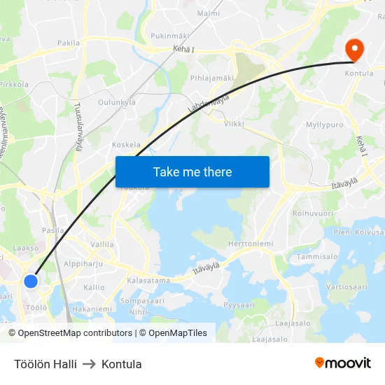 Toolo Hall to Kontula map