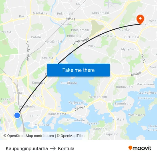 Kaupunginpuutarha to Kontula map