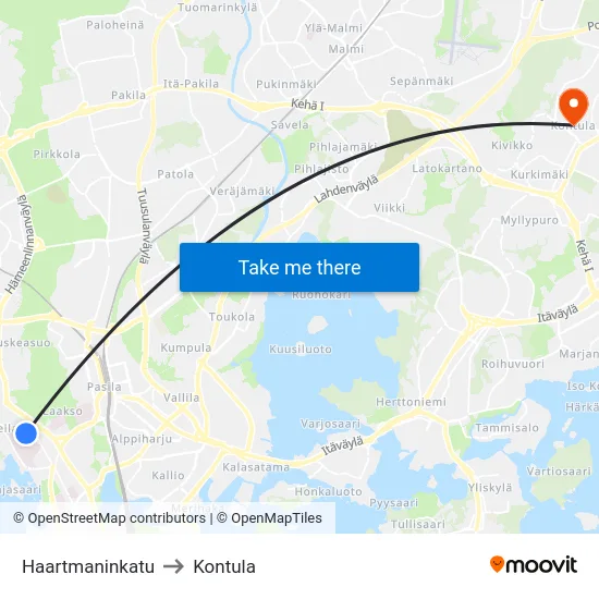 Haartmaninkatu to Kontula map