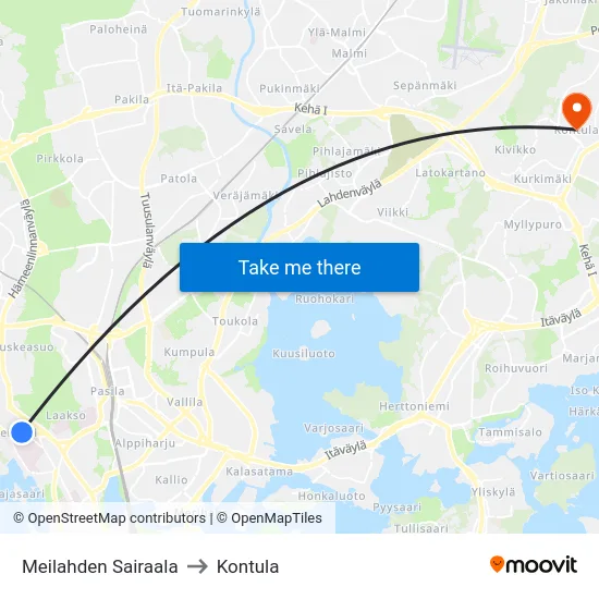 Meilahden Sairaala to Kontula map