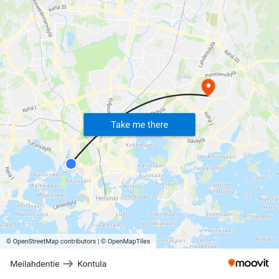 Meilahdentie to Kontula map