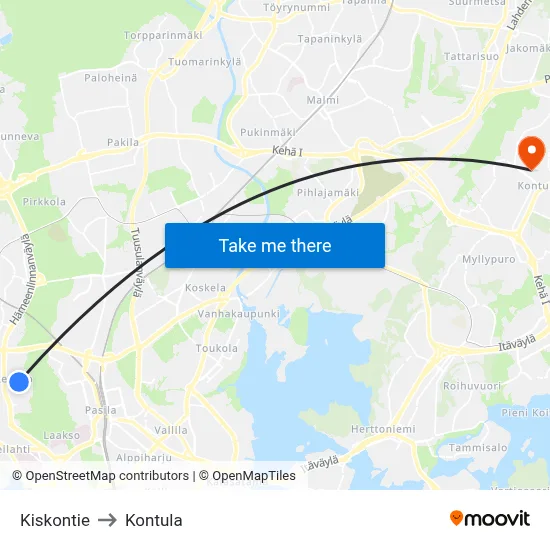 Kiskontie to Kontula map