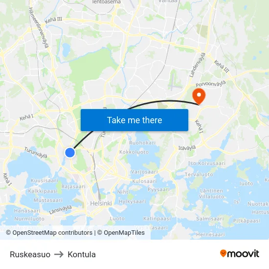 Ruskeasuo to Kontula map