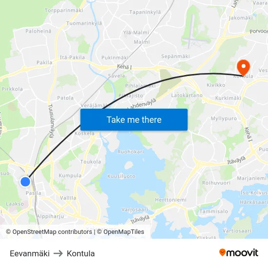 Eevanmäki to Kontula map