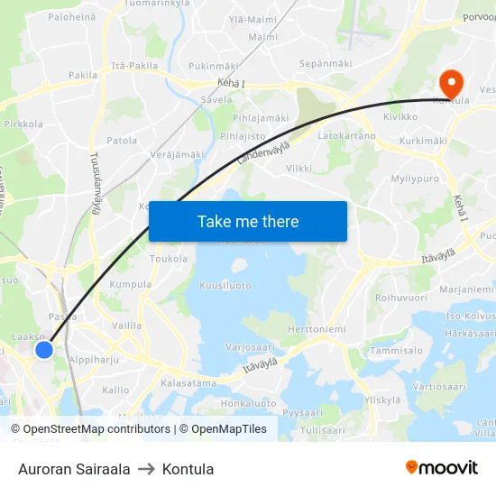 Auroran Sairaala to Kontula map