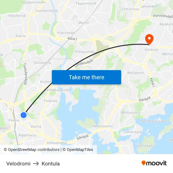 Velodrome to Kontula map