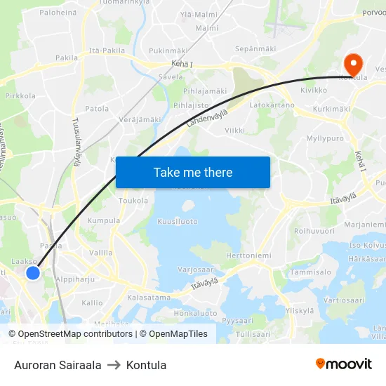Auroran Sairaala to Kontula map