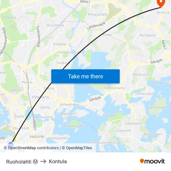 Ruoholahti Ⓜ️ to Kontula map