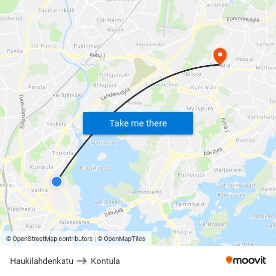 Haukilahdenkatu to Kontula map