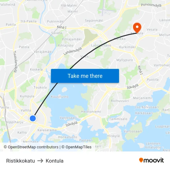 Ristikkokatu to Kontula map