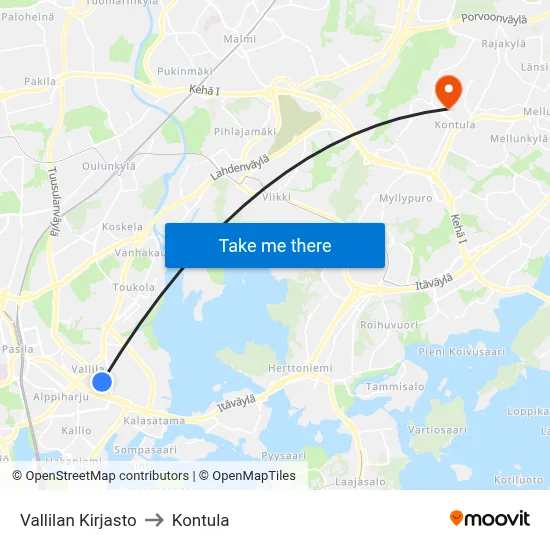 Vallila Library to Kontula map