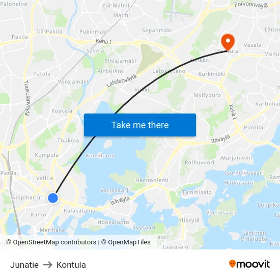 Junatie to Kontula map