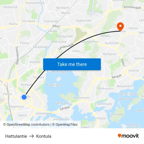 Hattulantie to Kontula map