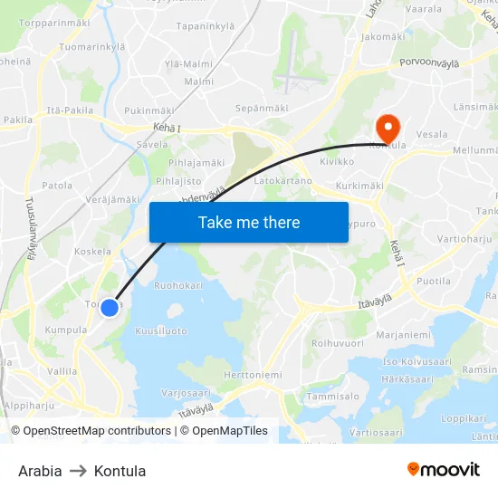 Arabia to Kontula map