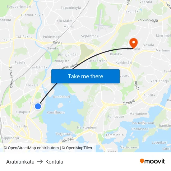 Arabiankatu to Kontula map