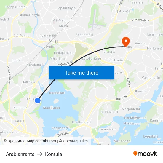 Arabianranta to Kontula map