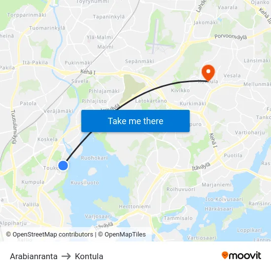 Arabianranta to Kontula map