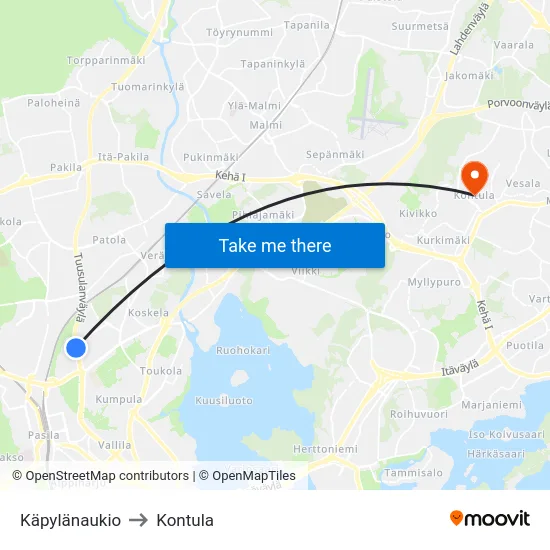 Käpylänaukio to Kontula map