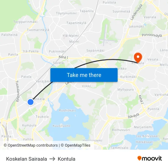 Koskelan Sairaala to Kontula map