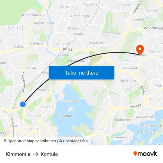 Kimmontie to Kontula map