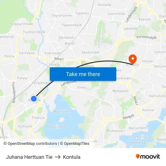 Juhana Herttuan Tie to Kontula map