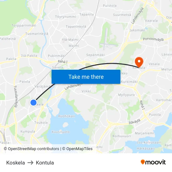 Koskela to Kontula map