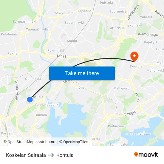 Koskela Hospital to Kontula map
