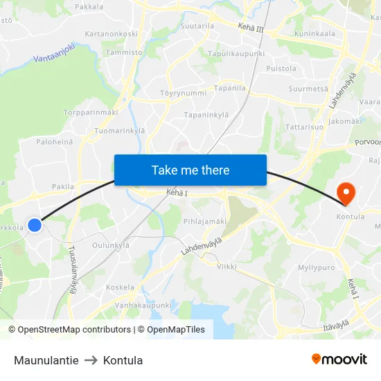 Maunulantie to Kontula map