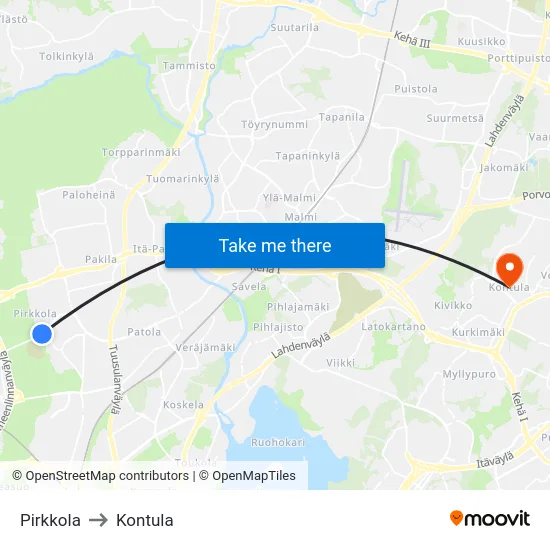 Pirkkola to Kontula map