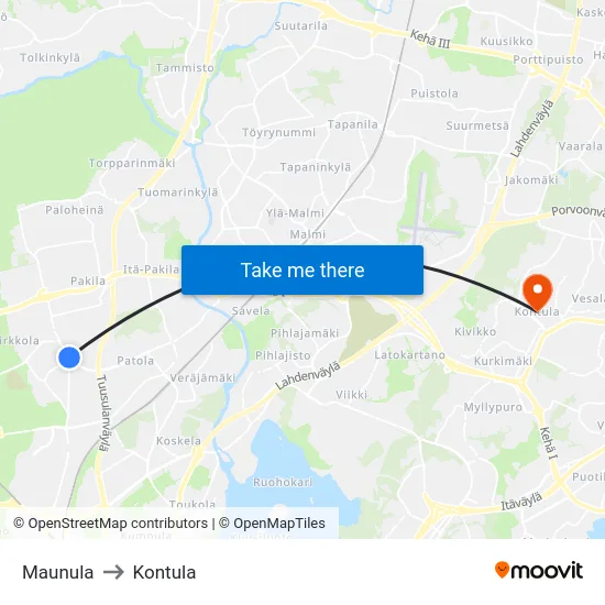 Maunula to Kontula map
