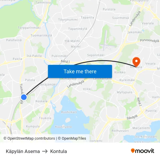 Käpylän Asema to Kontula map