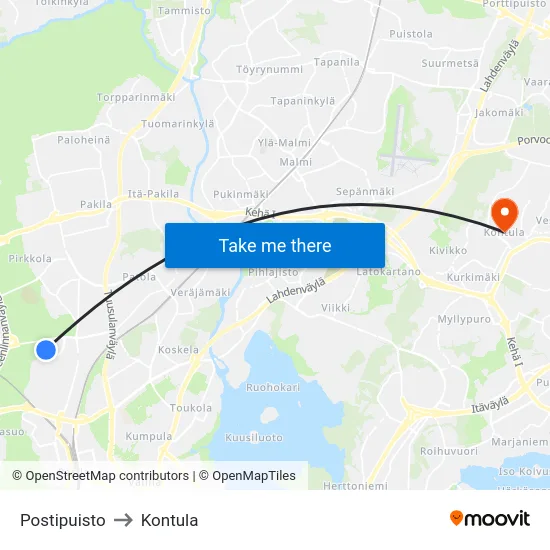 Postipuisto to Kontula map