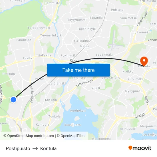 Postipuisto to Kontula map