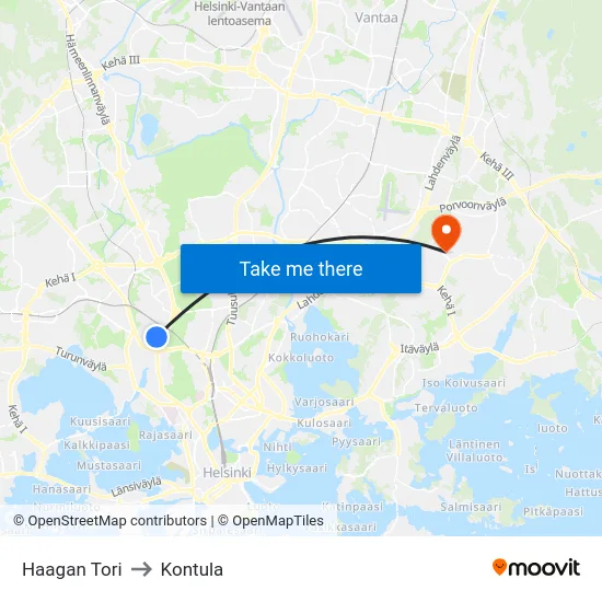 Haagan Tori to Kontula map