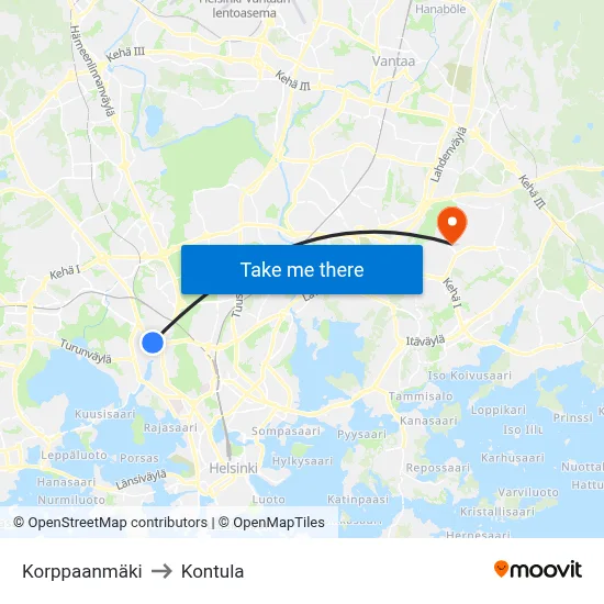 Korppaa Hill to Kontula map
