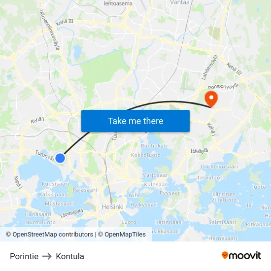 Porintie to Kontula map