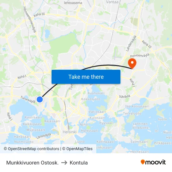 Munkkivuoren Ostosk. to Kontula map