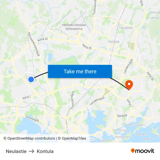 Neulastie to Kontula map