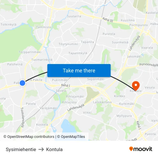 Sysimiehentie to Kontula map