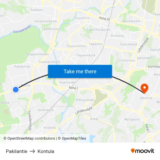 Pakila Road to Kontula map