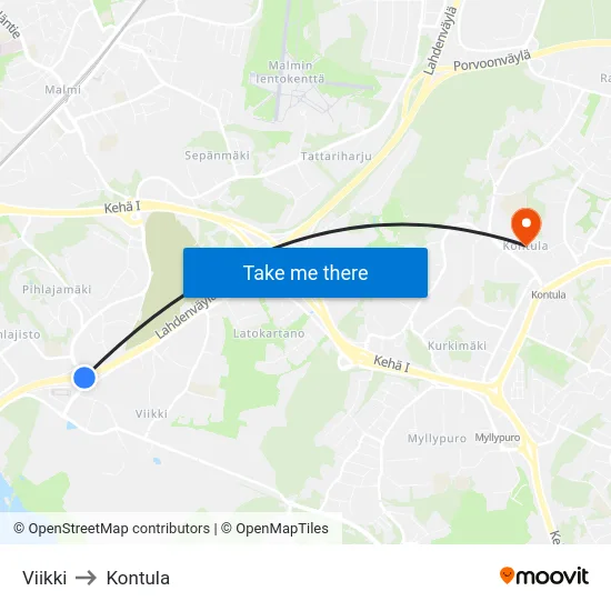 Viikki to Kontula map