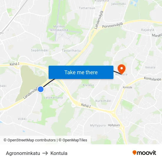 Agronominkatu to Kontula map