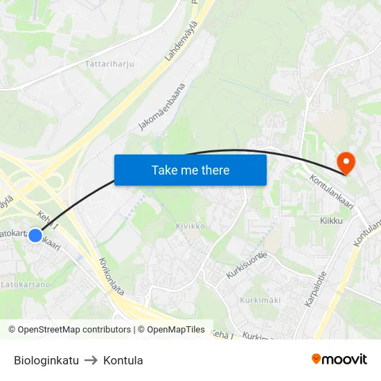Biologinkatu to Kontula map