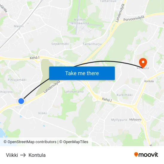 Viikki to Kontula map