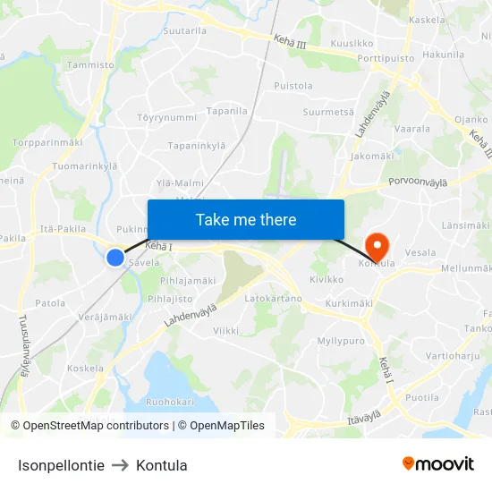 Isonpellontie to Kontula map
